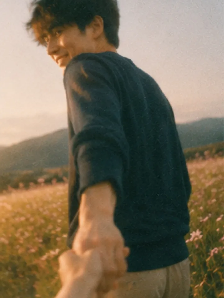 A person reaching back to hold a partner's hand while walking through a wildflower field at sunset