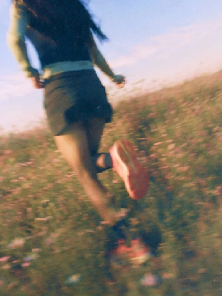 A person walking alone through tall golden grass at sunset
