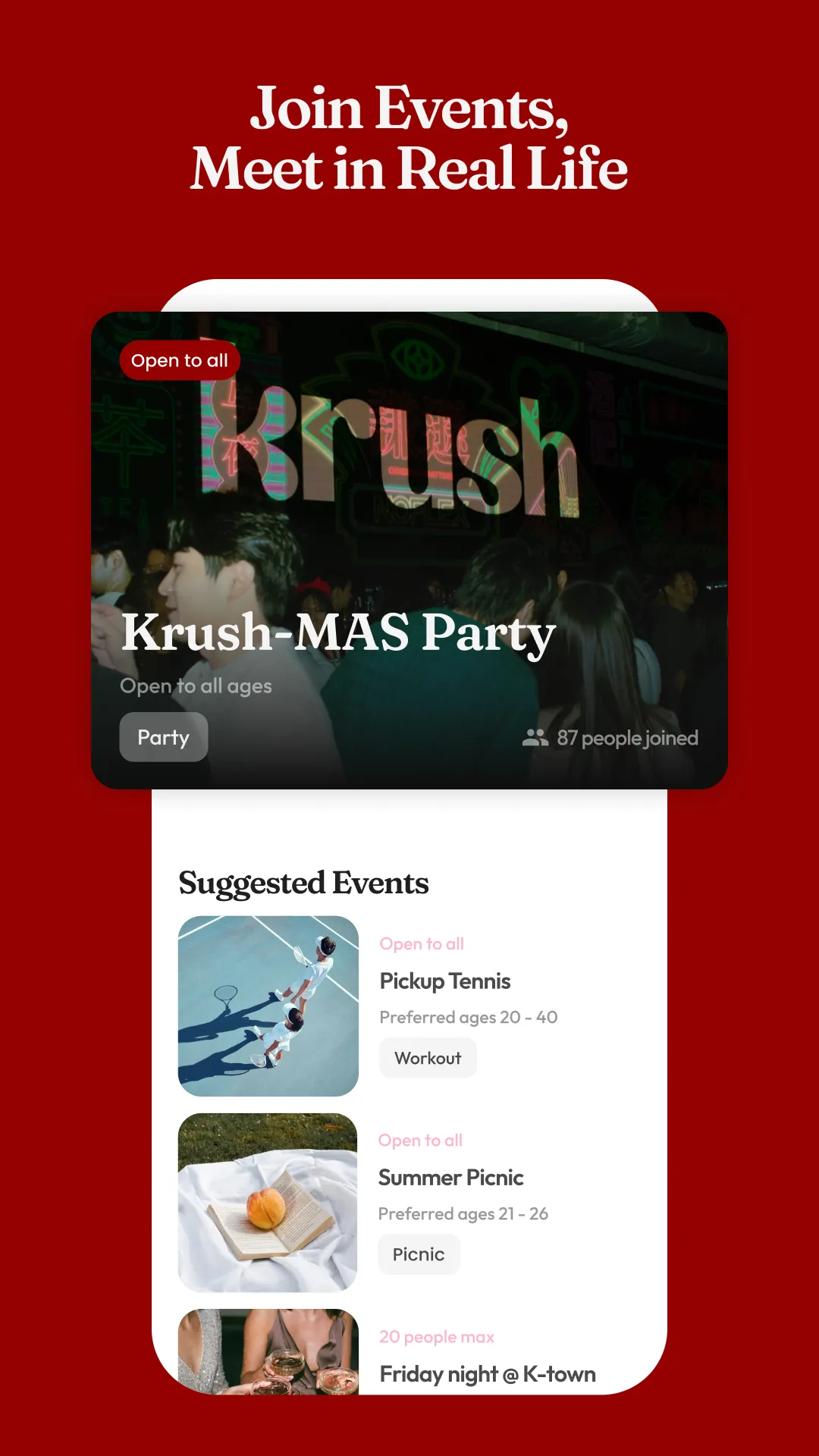 Krush events screen listing community meetups like a Krush-MAS party, pickup tennis and a summer picnic