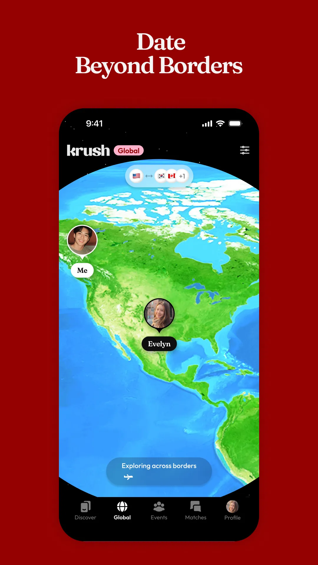 Krush global map screen showing the user's match Evelyn pinned across countries