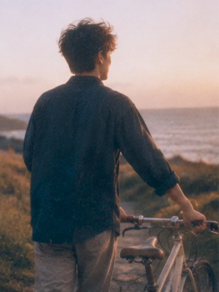 A person resting with a bicycle while watching the sunset over the coast