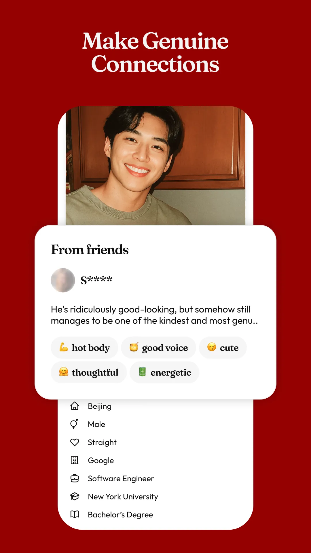 Krush profile screen with friend endorsements and verified detail for a genuine connection