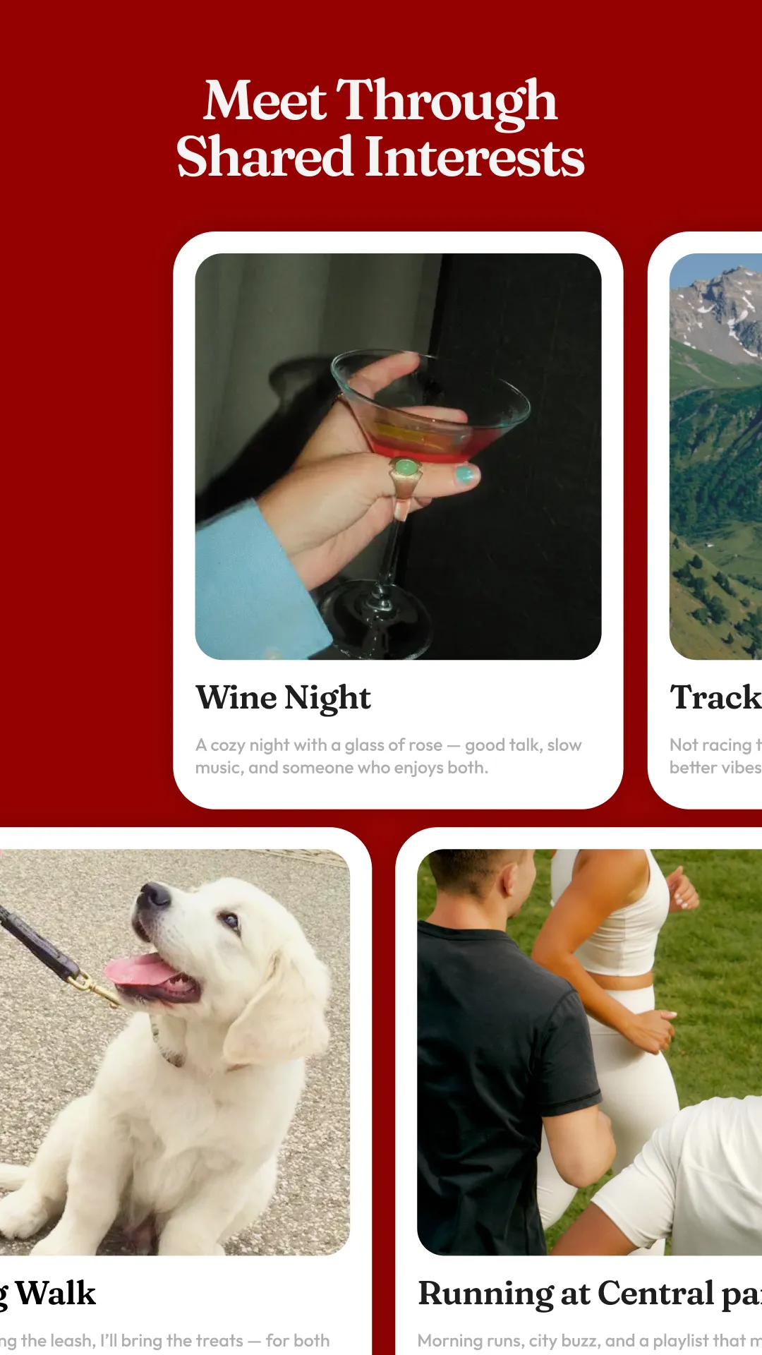 Krush shared-interests screen with cards for wine night, hiking, dog walks and running