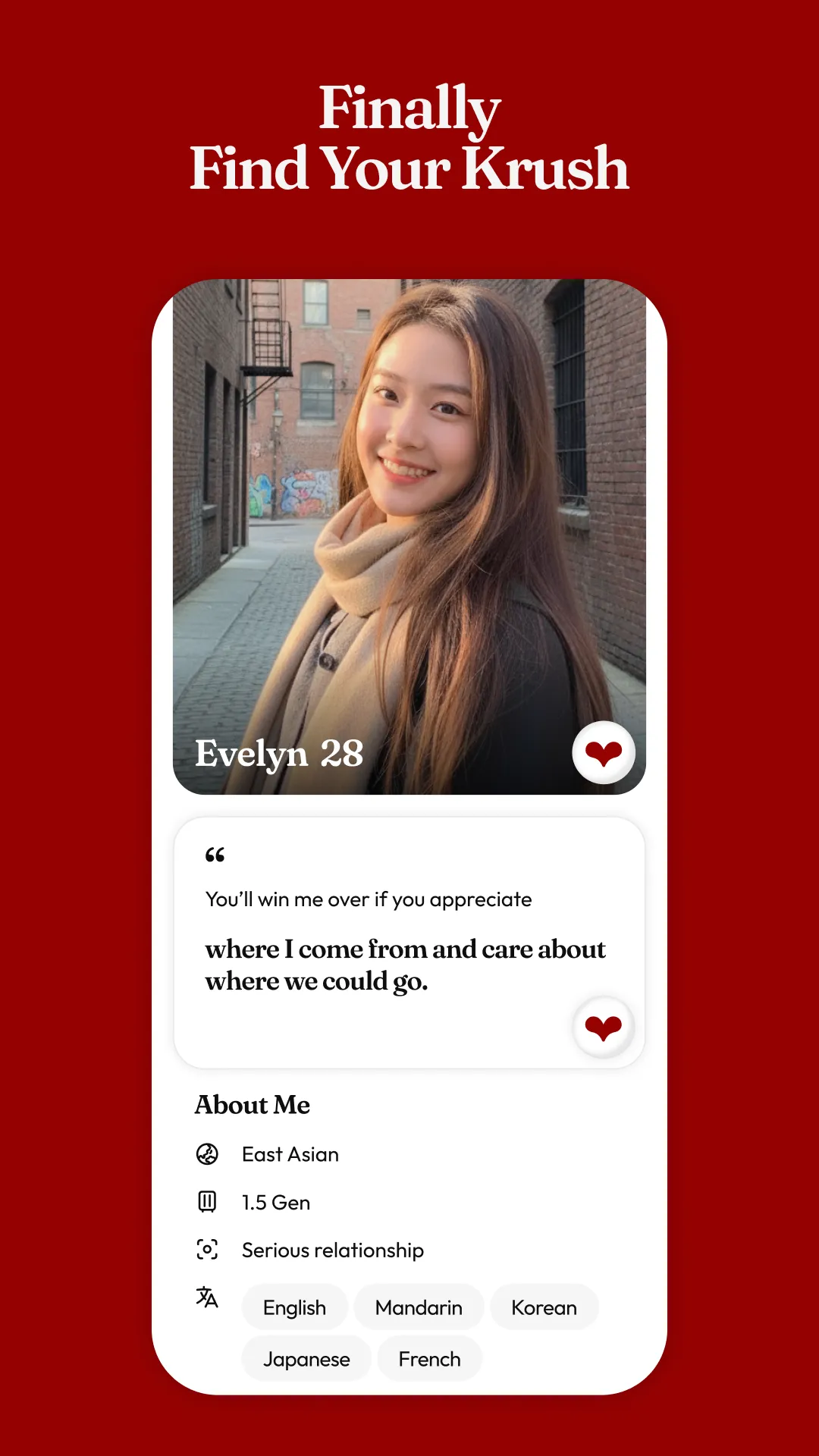 Krush profile screen for Evelyn, 28, with a conversation prompt, relationship intent, and languages spoken