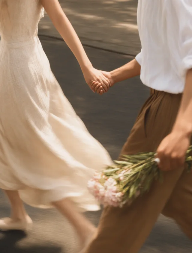 Two people walking hand in hand on a sunlit path, one carrying a bouquet